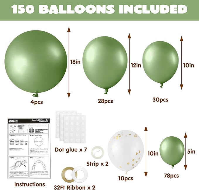 JOYIN 150 Pcs Sage Green Balloons, Different Sizes 18 12 10 5 Inch Sage Green Latex Balloon Arch Kit with Instruction for Birthday Party Graduation Wedding Holiday Decoration-CubbioJoy
