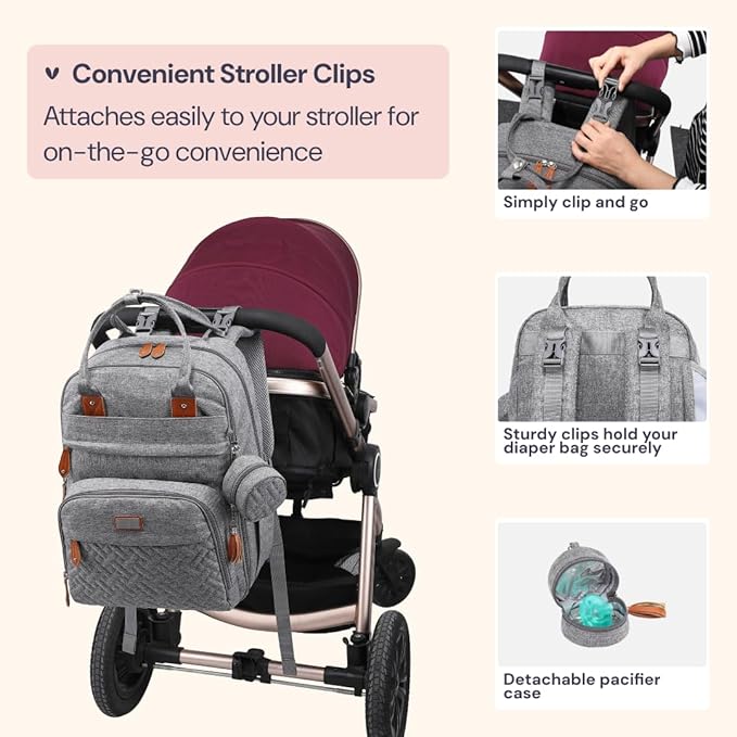 BabbleRoo Diaper Bag Backpack - Baby Essentials Travel Tote - Multi Function Waterproof Diaper Bag, Travel Essentials Baby Bag with Changing Pad, Stroller Straps & Pacifier Case - Unisex, Light Gray-CubbioJoy