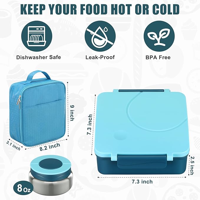 Bento Lunch Box for Kids with 8oz Soup Thermo&Lunch Bag, Leak-Proof Lunch Food Containers with 4 Compartment, Hot Food Insulated Food Jar for Kids School (Blue)-CubbioJoy