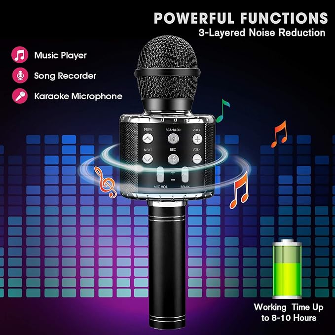 BlueFire 4 in 1 Karaoke Wireless Microphone with LED Lights, Portable Microphone for Kids, Great Gifts Toys for Kids, Girls, Boys and Adults (Black)-CubbioJoy