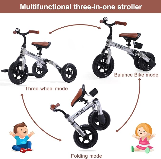 Ancaixin 3 in 1 Toddler Tricycles for 2-5 Years Old Boys Girls with Adjustable Seat Detachable Pedal and Bell, Foldable Baby Balance Bike Riding Toys, Kids Birthday Christmas New Year Gift (Silver)-CubbioJoy