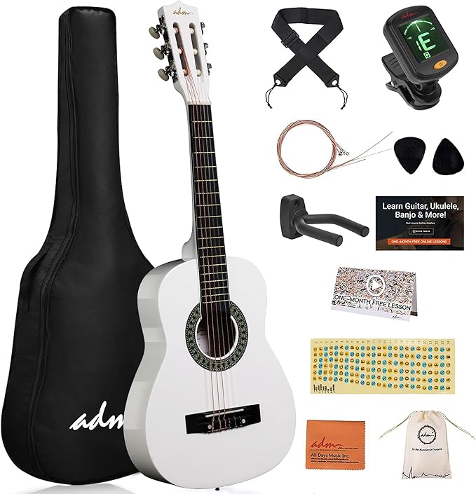 ADM Beginner Acoustic Classical Guitar Nylon Strings Wooden Guitar Bundle Kit for Kid Boy Girl Student Youth Guitarra Online Lessons with Gig Bag, Strap, Tuner, Picks (30 Inch, White)-CubbioJoy