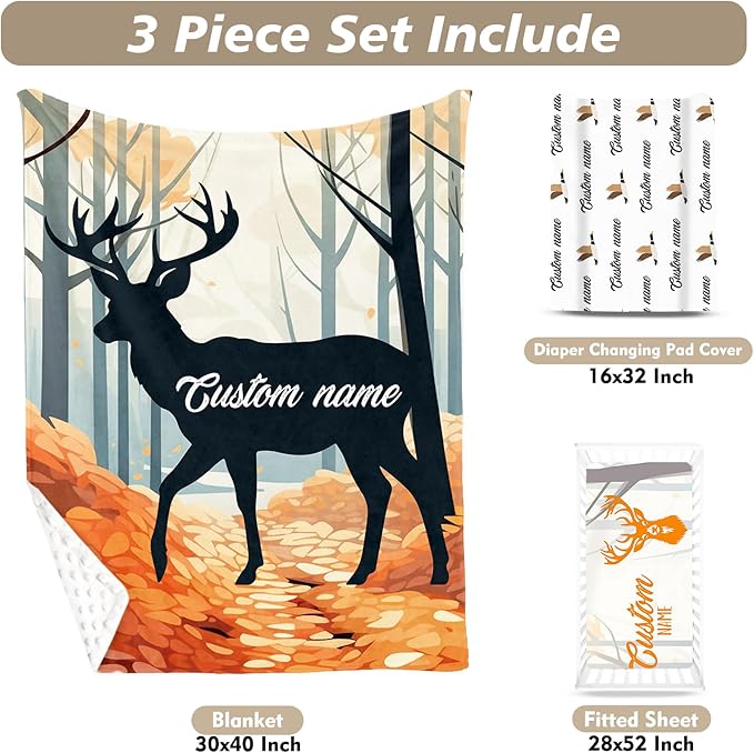 Custom Name Crib Bedding Set - Orange Sika Deer Pattern, Personalized Nursery Bedding 3-Piece Set– Soft Blanket, Fitted Sheet, Changing Pad Cover – for Newborns Girls Nursery Gifts-CubbioJoy