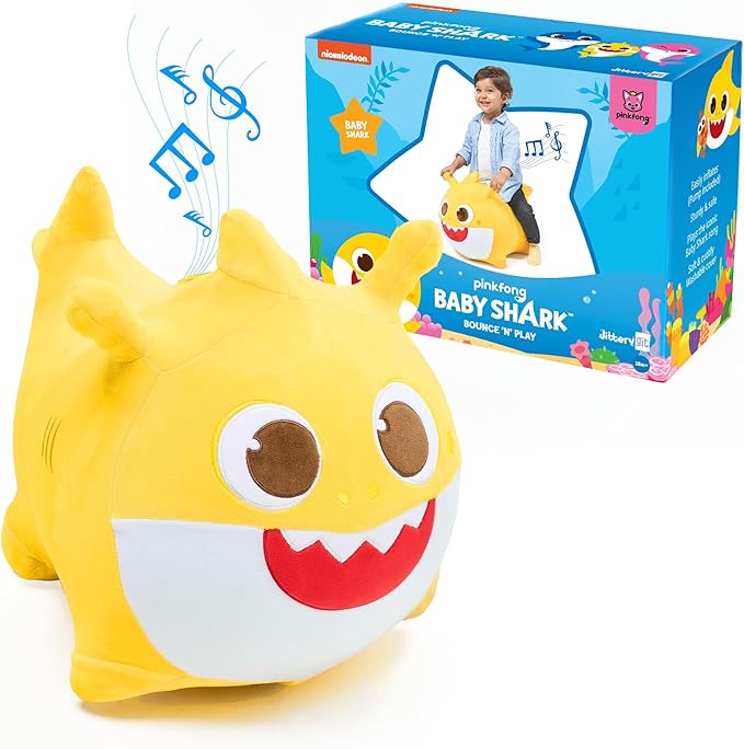 JITTERYGIT Baby Shark Official Bouncy Hopper Plush Musical Singing Toy - Inflatable Animal Ride On for Indoor & Outdoor - Birthday Gift for Kids & Toddlers (Boys & Girls) Ages 18+ Months (Yellow)-CubbioJoy