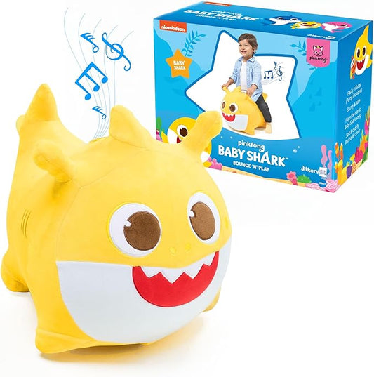 JITTERYGIT Baby Shark Official Bouncy Hopper Plush Musical Singing Toy - Inflatable Animal Ride On for Indoor & Outdoor - Birthday Gift for Kids & Toddlers (Boys & Girls) Ages 18+ Months (Yellow)-CubbioJoy