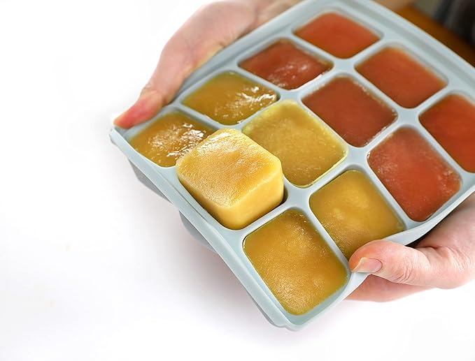 Baby Food Storage Silicone Cubes with Clip-On Lid Freezer Tray Baby Food Soups Purees Ice Easy and Safe Design Made in Korea(12 Sand Beige)-CubbioJoy