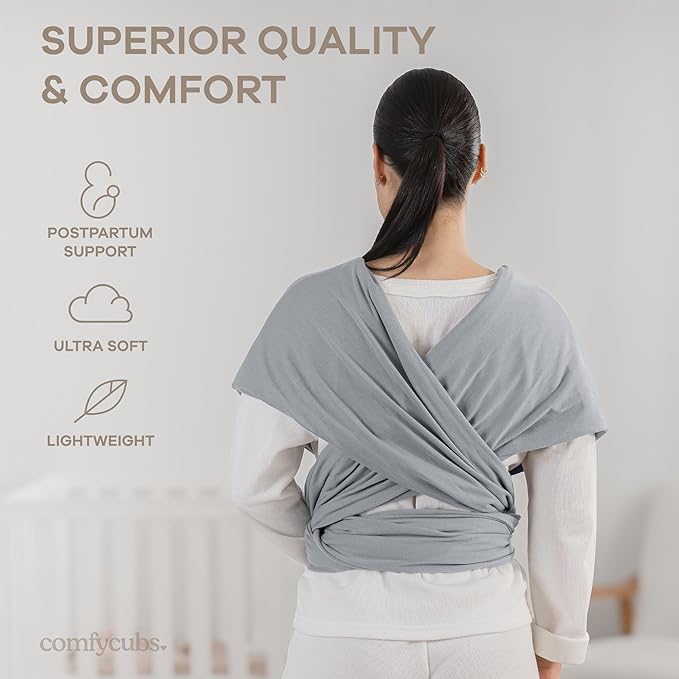 Comfy Cubs Baby Wrap Carrier - Soft & Secure Fit Cotton Blend Baby Carrier Newborn to Toddler - Hands-Free & Lightweight Infant Wrap - Adjustable, One Size Fits All Toddler Sling - Slate Grey-CubbioJoy