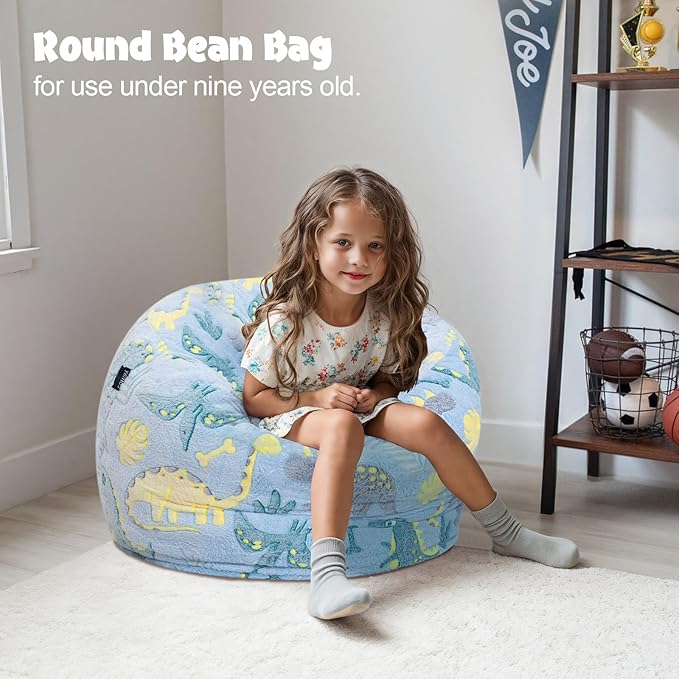 Bean Bag Chair for Kids, Toddler Beanbag Bed Unicorn, Convertible Children Bean Chair to Floor Mattress with Filler, Stuffed Child Bean Bags for Girl Boy Sleeping, Blue Dino-CubbioJoy