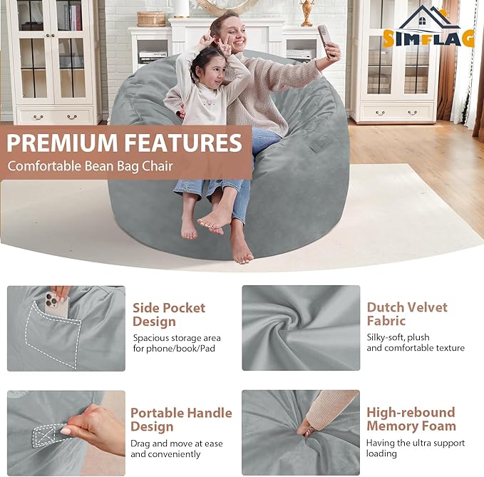 3FT Bean Bag Chair, Comfy Bean Bag Chairs with Memory Foam Filled, Fluffy Beanbag Sofa with Dutch Velvet Cover, Round BeanBag Chairs for Living Room, Playroom - Light Grey-CubbioJoy
