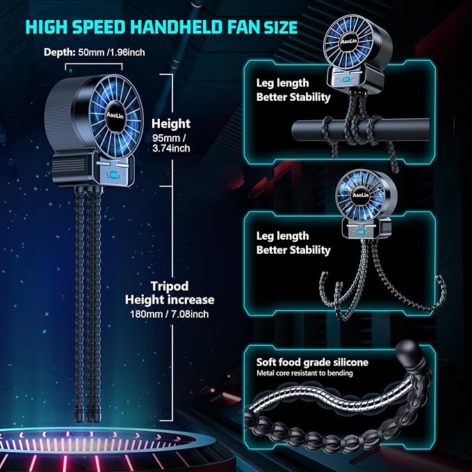 2 Pack Multifunctional Portable Stroller Fan 4 Speed 6600rpm High Speed Usb Rechargeable Personal Mini Handheld Fan Extended Tripod For Desktop Winding Kids Bed Treadmill Bike Golf Cart Outdoor Travel-CubbioJoy