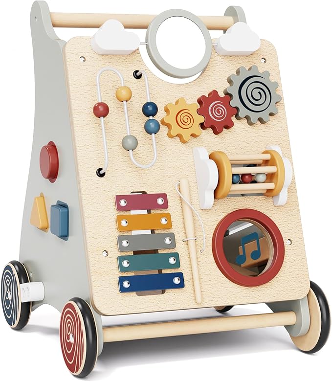 Baby Push Walker with Detachable Busy Board, Wooden Baby Walker with Adjustable Speed Wheels, Montessori Push Walker for Babies, Push Walking Toys for Boys & Girls 1 Year Old, Gifts for Toddler-CubbioJoy