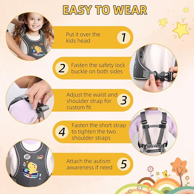 2025 New Safety Walking Harness for Big Kids (6-12yrs) with Autism Special Needs ADHD, Anti-Elopement Vest Harness with Grab Handle and Light Reflector, Adjustable Leash for Autistic, Active Child-CubbioJoy