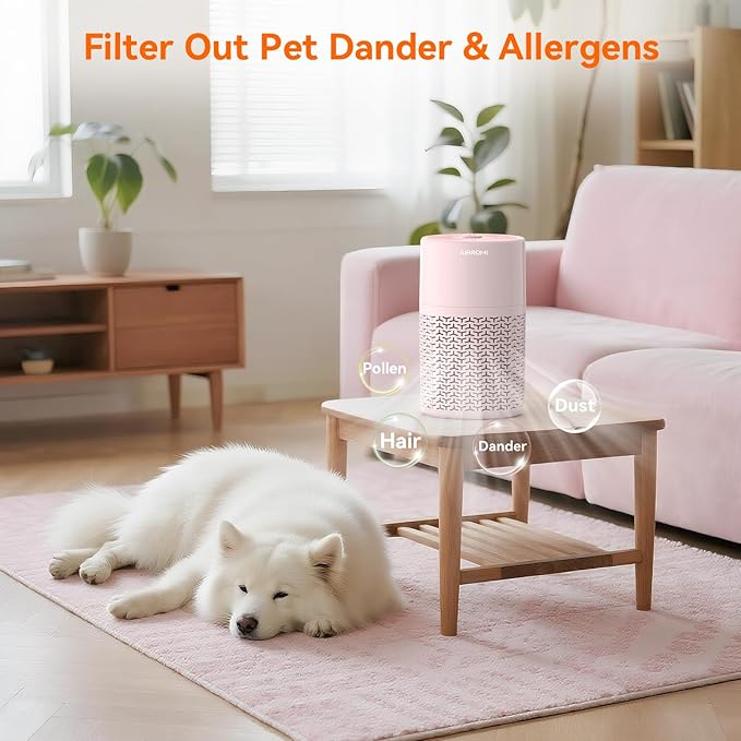 AIRROMI Pets Air Purifier for Home Allergies,Up to 660 ft².Yellow Deodorizing Activated Carbon Filter,With Fragrance Sponge for Better Sleep,Night Light,Pet Dander,Smoke,Odors,Air Cleaner A2002 Pink-CubbioJoy