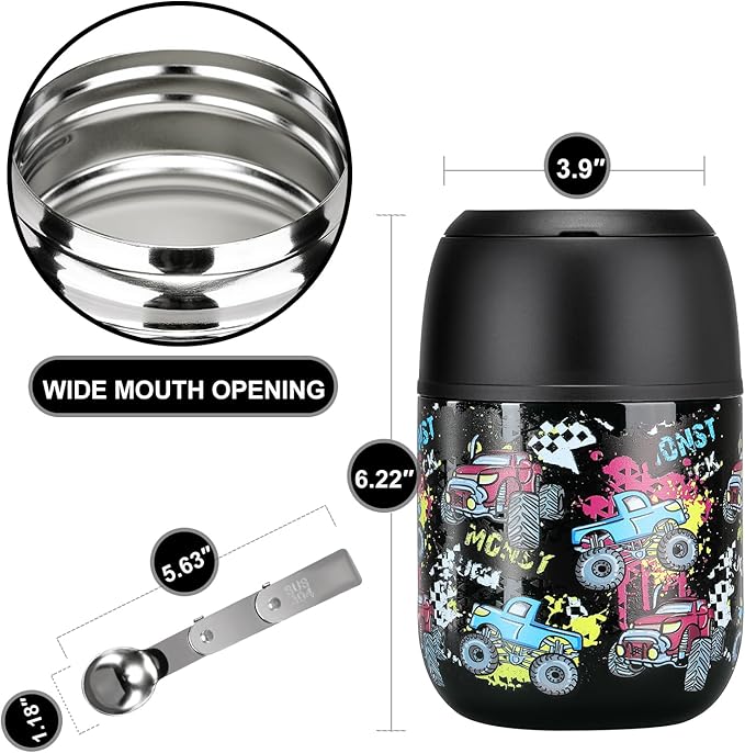 17 oz Insulated Lunch Containers Hot Food Jar, Wide Mouth Lunch Thermo for Kids Adults, Vacuum Stainless Steel Lunch Box With Handle Folding Spoon for School, Office Black - Car-CubbioJoy