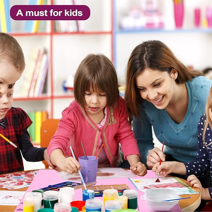 AWOKE Silicone Painting Mat for Table Protection - 20"X16" Washable Art Mat with 1 Water Cup for Kids - Craft Mat has 12 Color Dividers - 2 Paint Palettes (Pink), Toddler Activities, Girl Boy Gifts-CubbioJoy