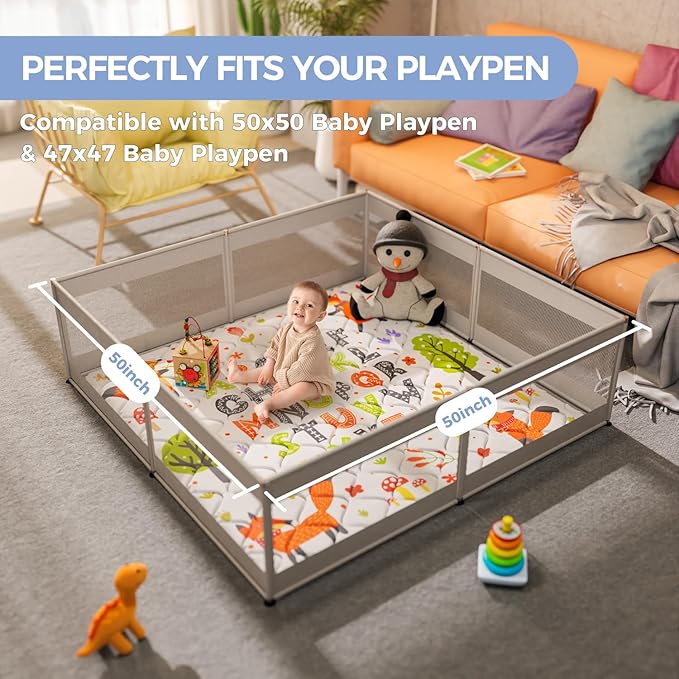 Baby Play Mat 50x50 Playpen Mat Upgraded Thicker Baby Floor Play Mat Cushioned Anti- Slip Crawling Mat Waterproof Activity Playmat for Babies Toddlers Infants Tummy Time(50x50, Letter Fox)-CubbioJoy