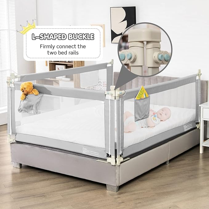 BABY JOY Bed Rail for Toddlers, 69’’ Extra Long, Height Adjustable & Foldable Baby Bed Rail Guard w/Storage Pocket & Double Safety Child Lock for Kids Twin Double Full Size Queen King Mattress (Gray)-CubbioJoy