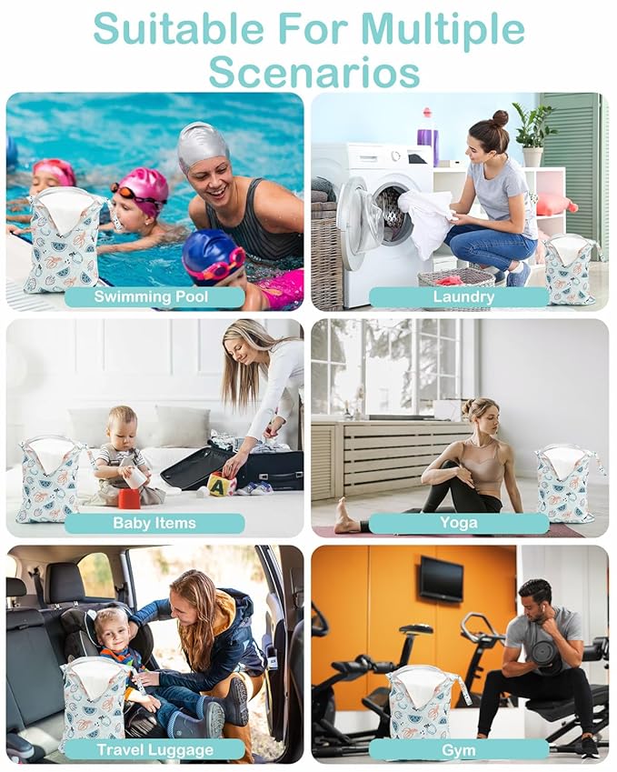 ALVABABY 3 Cloth Diaper Wet Dry Bags Waterproof Reusable with Two Zippered Pockets Travel Beach Pool Daycare Soiled Baby Items Yoga Gym Bag for Swimsuits or Wet Clothes Small Medium Large 3L-ZM29-CubbioJoy