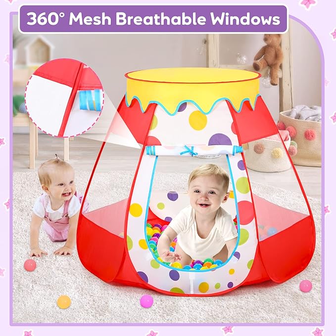 Baby Ball Pit for Toddler with 50 Balls, Kids Pop Up Play Tent for Girls, Princess Toys for Children Indoor & Outdoor Playhouse with Carry Bag (Red: 7 Bright Colors, 109x90cm/50 Balls)-CubbioJoy