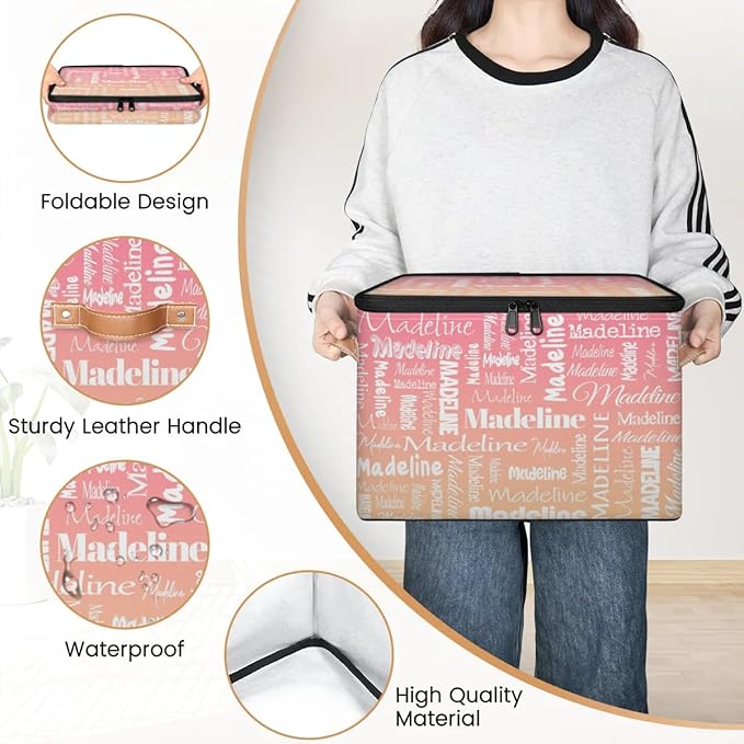 Custom Storage Basket with Name, Personalized Storage Bins with Zipper Lid, Foldable Fabric Storage Box Large capacity with Handle Pink Apricot-CubbioJoy