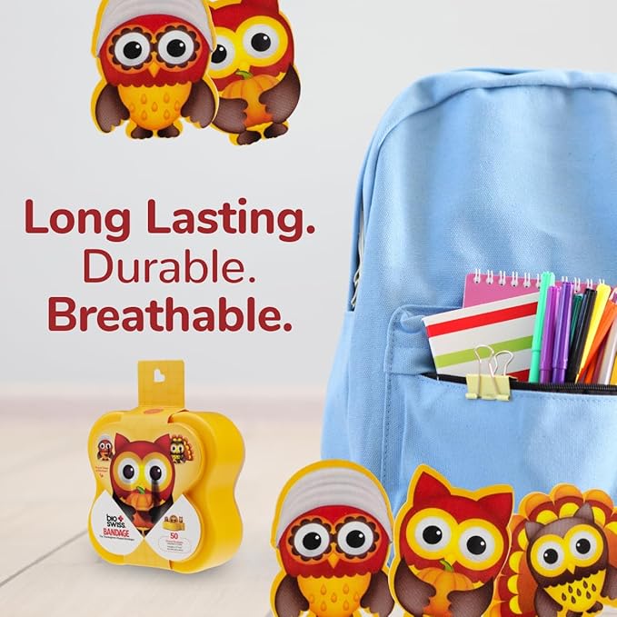 BioSwiss Bandages, Thanksgiving Shaped Self Adhesive Bandage, Latex Free Sterile Wound Care, Fun First Aid Kit Supplies for Kids and Adults, 50 Count-CubbioJoy