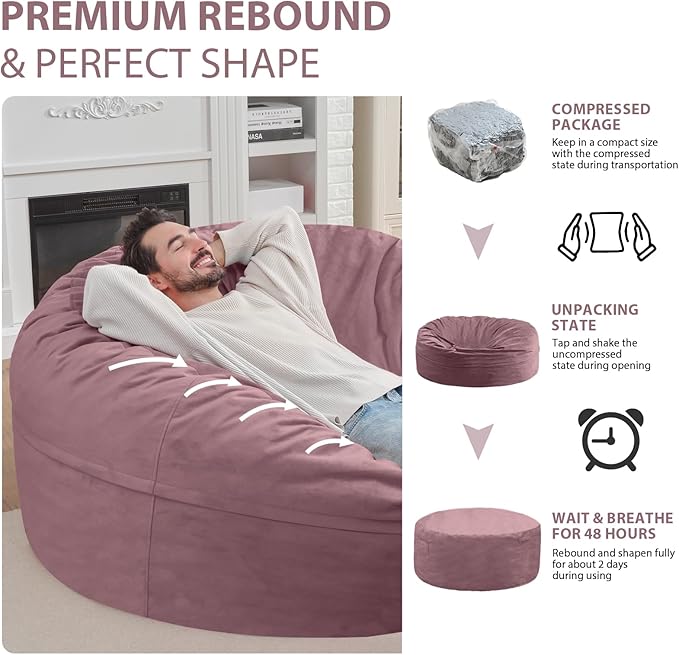 6FT Bean Bag Chair, Large Bean Bag Chairs with Memory Foam Filled, Fluffy Beanbag Sofa with Dutch Velvet Cover, Round BeanBag Chairs for Living Room, Playroom - Dusty Pink-CubbioJoy