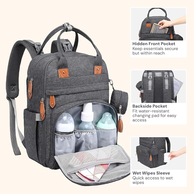 BabbleRoo Diaper Bag Backpack - Baby Essentials Travel Tote - Multi Function Waterproof Diaper Bag, Travel Essentials Baby Bag with Changing Pad, Stroller Straps & Pacifier Case - Unisex, Dark Gray-CubbioJoy