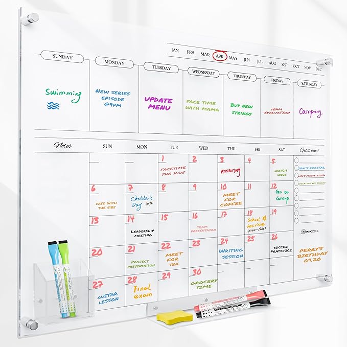 Acrylic Calendar for Wall - 24x18” Wall Calendar, Dry Erase Calender, Clear Calendar for Wall, Includes Magnetic Pen, Tray Holders, 4 Markers and 1 Eraser-CubbioJoy