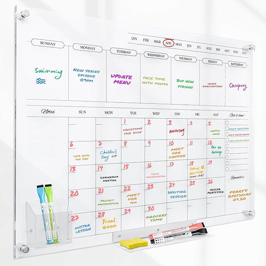 Acrylic Calendar for Wall - 24x18” Wall Calendar, Dry Erase Calender, Clear Calendar for Wall, Includes Magnetic Pen, Tray Holders, 4 Markers and 1 Eraser-CubbioJoy