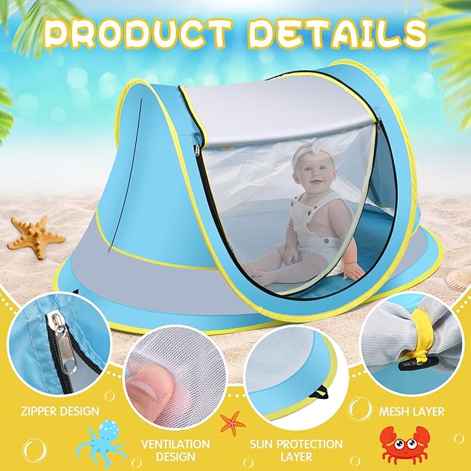 Baby Beach Tent,Large Pop Up Beach Tent Sun Shade for Beach,Portable Baby Travel Tent with Mosquito Net,Indoor Baby Play Tent,UPF 50+ UV Protection Sun Shelters for Infants-CubbioJoy