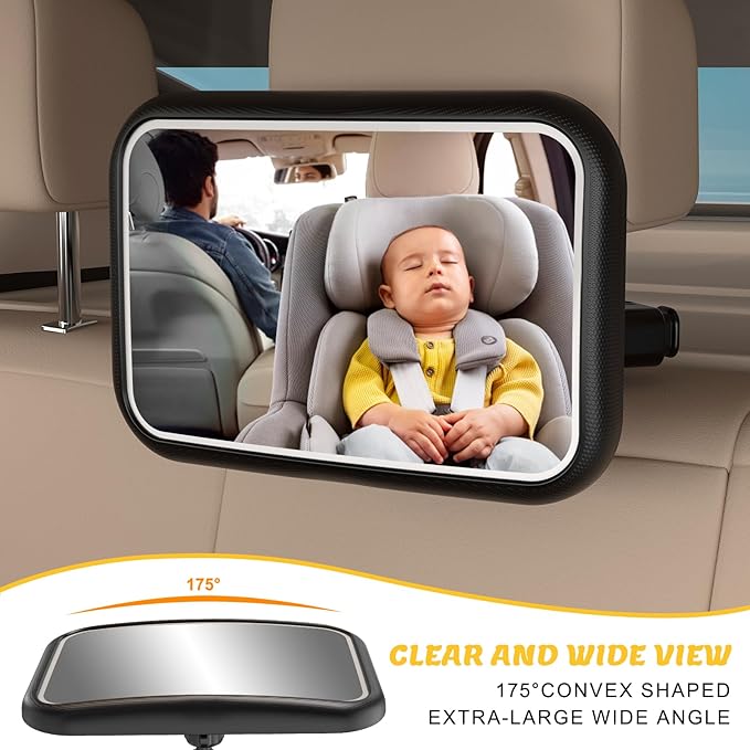 Baby Car Mirror with Light, 7 RGB Light Rear Facing Baby Car Seat Mirror with Remote Control Rechargeable 360° Rotation Hook Clip Design Wide View Shatterproof-CubbioJoy