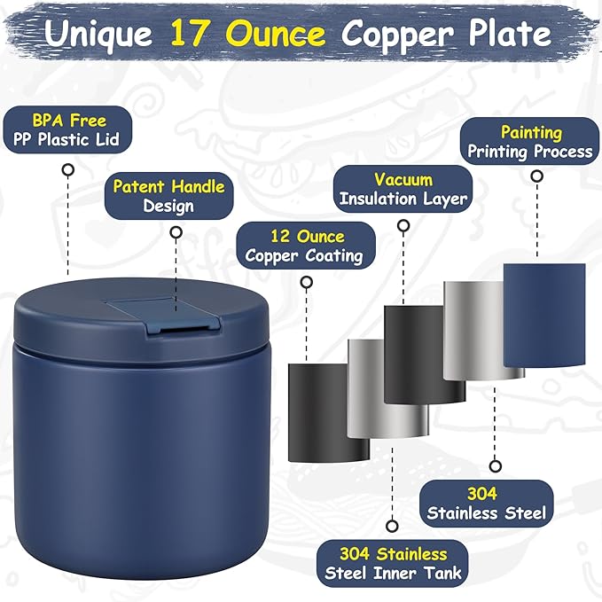 19oz Insulated Vacuum Food Jar with Buckle Lid Wide Mouth Soup Thermo for Hot Food Kids Leakproof Stainless Steel Lunch Container- Blue-1Pack-CubbioJoy