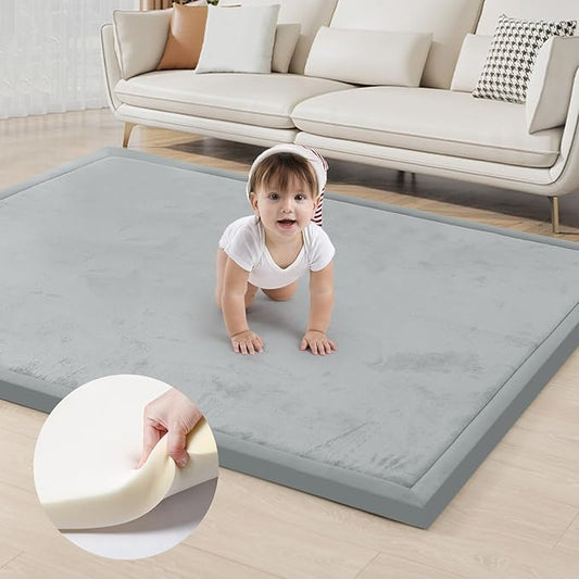 ACOMOPACK Baby Play Mat for Floor 1.3" Thick Memory Foam Play Mat 79"×157 Tummy Time Crawling with Non-Slip Bottom for Living Room,Nursery,Soft Velvet Playpen Mats for Kids,Infants（Light Grey）-CubbioJoy