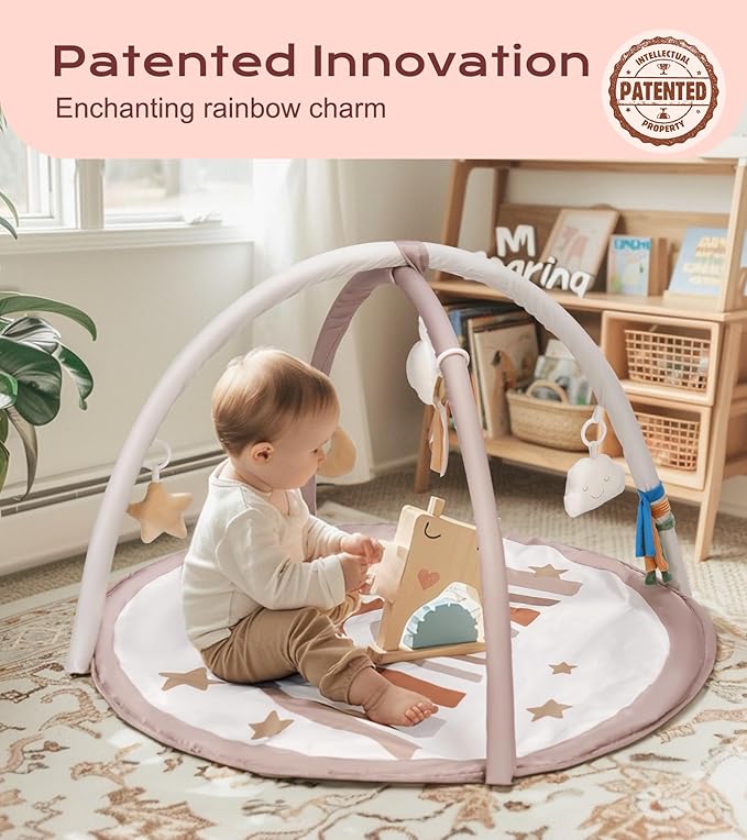 Baby Play Gym Mat, Tummy Time Activity Mat with 7 Detachable Toys and 12 Milestone Cards for Stage-Based Sensory and Motor Skill Development, Washable Play Mats for Infant, Newborn Baby Essentials-CubbioJoy