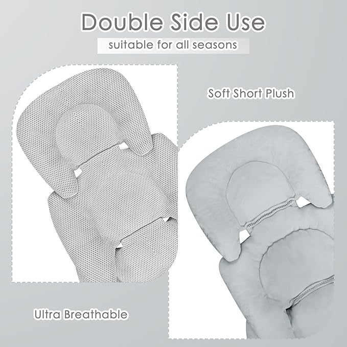 Infant Car Seat Insert for Newborn Girls Boys, Summer Mesh Baby Carseat Head Support with Strap Pads, Soft Reversible Baby Car Seat Insert Cushion Pad for Car Seat, Stroller, Bouncer, Swing, Gray-CubbioJoy