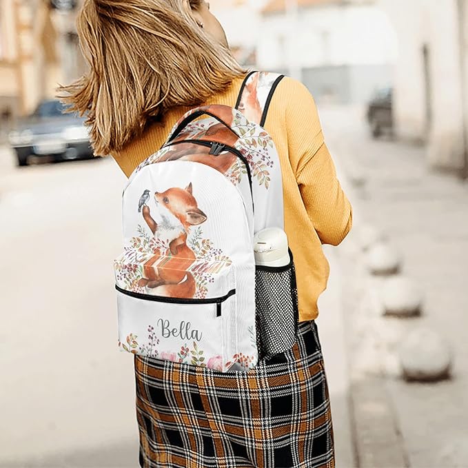 Cute Fox Little Bird Custom Kids Backpack 16.5 Inch for Boy Girl, Personalized Waterproof Child School Travel Bag with Name Option5-CubbioJoy