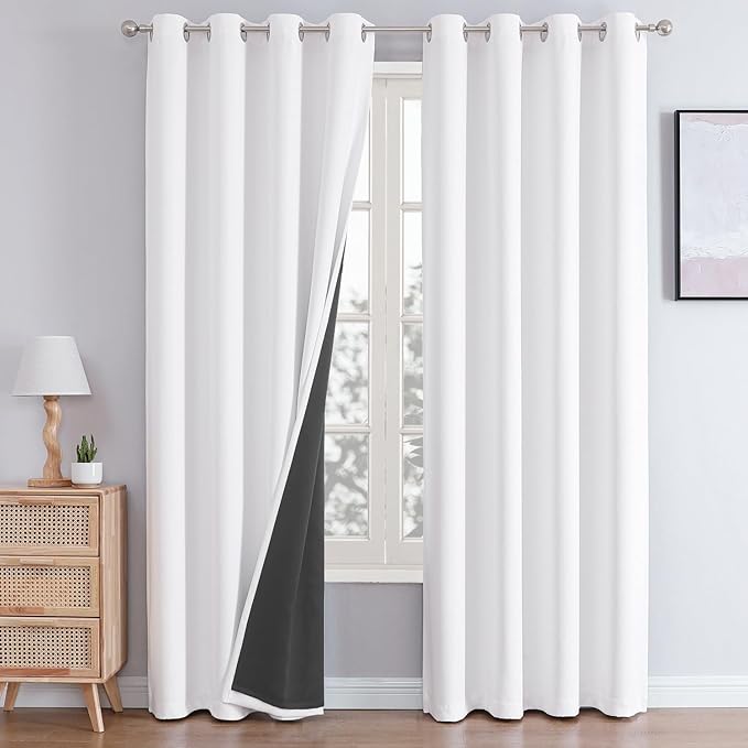 ChrisDowa White 100% Blackout Curtains 102 inch Long for Bedroom with Black Liner, 2 Thick Layers Total Blackout Thermal Insulated Grommet Window Curtains 2 Panels Set (Pure White, 52 x 102 Inch)-CubbioJoy