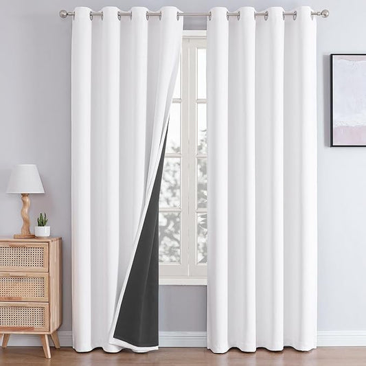 ChrisDowa White 100% Blackout Curtains 80 inch Long for Bedroom with Black Liner, 2 Thick Layers Total Blackout Thermal Insulated Grommet Window Curtains 2 Panels Set (Pure White, 52 x 80 Inch)-CubbioJoy
