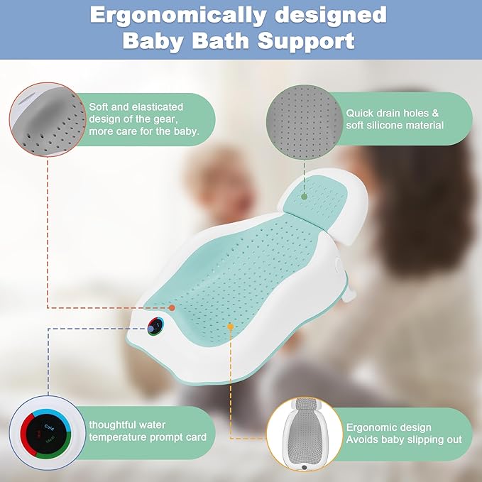 Baby Bath Support,Ideal for Babies Less Than 6 Months Old,with Thermometer-Adjustable Slope Newborn Bathtub, Baby tubs for Baby tubs for Newborn Essentials Must Haves (Green)-CubbioJoy