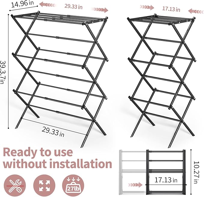 APEXCHASER Clothes Drying Rack, 3-Tier Laundry Drying Rack for Clothes, Expandable Metal Clothing Dryer, Collapsible Towel Rack, Air Drying Rack, Black-CubbioJoy
