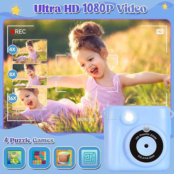 Instant Print Camera for Kids - 2.4 Inch Kids Camera Instant Print with Paper & 32G Card- Digital Children Toys as Christams Birthday Gifts for Girls Boys Age 3-12 - Blue-CubbioJoy