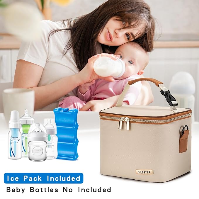 Breastmilk Cooler Bag with Ice Pack Fits 6 Baby Bottles Up to 5 Ounce, Baby Bottle Bag with Shoulder Strap for Nursing Mom Daycare, Cream-CubbioJoy