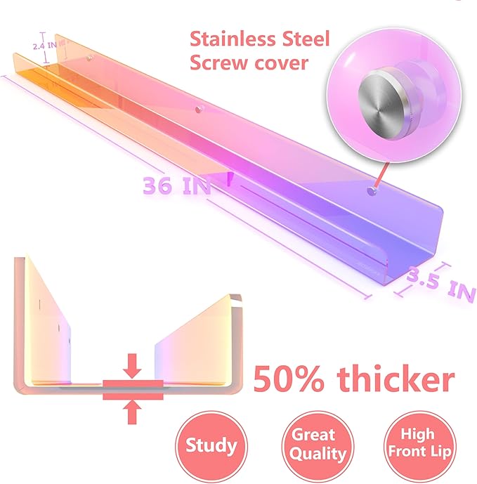 36 inches Iridescent Acrylic Floating Shelf,Wall Mounted Kids Bookshelf, Display Book Shelves for Kids Nursery Toddler Classroom 2 Packs-CubbioJoy