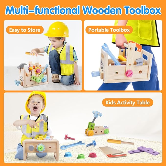 Aliex Wooden Kids Tool Set, 30pcs Toy Tools for Toddlers with Vest, Tool Kit Toddler Montessori Stem Learning Educational Toys for 3 4 5 Years Old Boys Girls, Birthday Gift for Kids-CubbioJoy