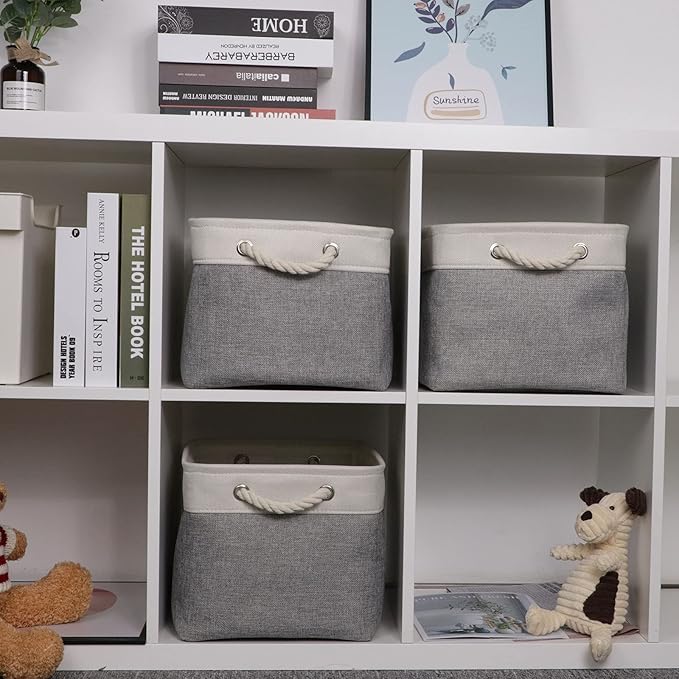 Bidtakay Baskets Set of 3 Storage Baskets for Organizing Large Fabric Storage Bins for Shelves Decorative Canvas Bins Collapsible Empty Baskets for Closet,Nursery,Clothes,Toys,Shoes(White&Grey)-CubbioJoy