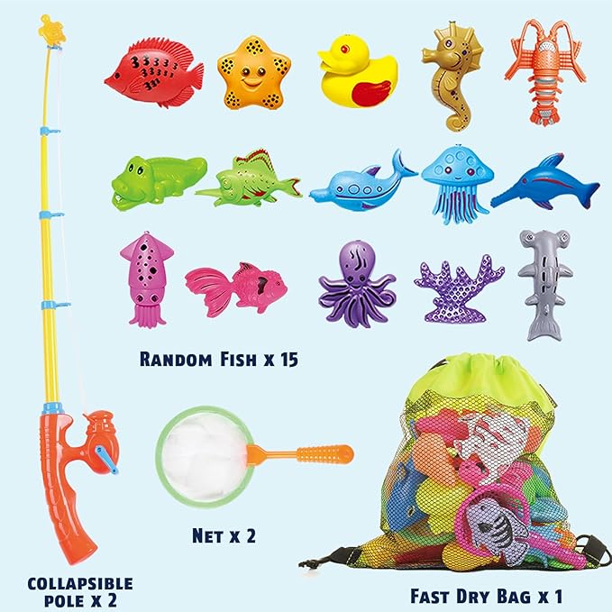 CozyBomB™ Magnetic Fishing Toys Game Set for Kids | Water Table Bathtub Kiddie Pool Party & Pole Rod Net, Plastic Floating Fish Toddler Color Ocean Sea Animals Birthday Age 3 4 5 6 Year-CubbioJoy