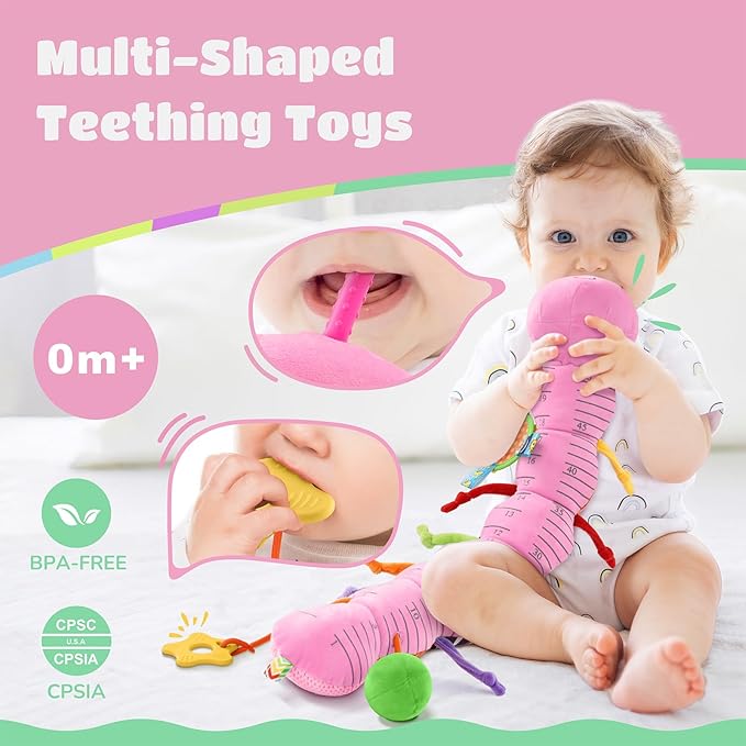 Baby Toys 6-12 Months Music Caterpillar Infant Toys Stuffed Animals 0-3-6 Months Teething Tummy Time Sensory Toys with Mirror Rattle&Pull String for Boys Girls Birthday Gifts|Pink,Knot Limb-CubbioJoy