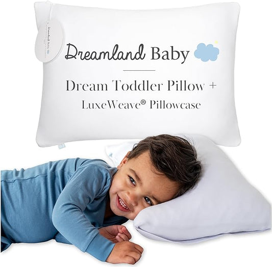 Dreamland Baby Premium Toddler Pillow and White Pillowcase, 13 x 18. Machine Washable, Ergonomic Kids Pillow + Ultra Soft Viscose Pillowcase. Mom-Owned US Business, Premium Materials-CubbioJoy