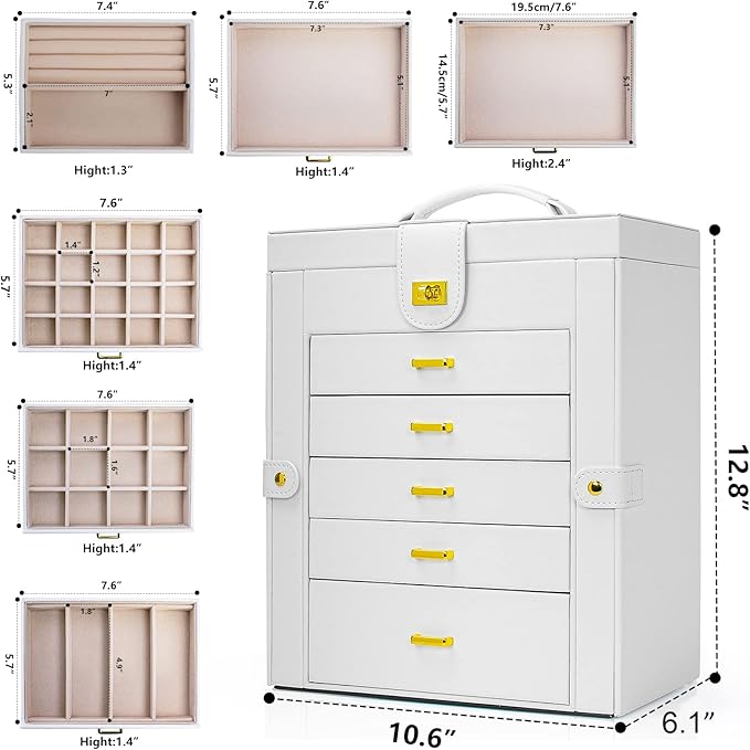 AKOZLIN Large Jewelry Box Organizer Functional with Big Mirror, Leather Jewelry Storage Case for Women Girls Ring Necklace Earring Bracelet Holder Organizer White-CubbioJoy