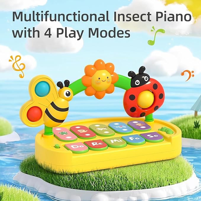 Baby Piano Toy for Kids 0-6-12-18 Months, Light Up Baby Keyboard Musical Toy with Press Pop Bubbles, 4 Modes Toddler Piano for Boys Girls Ages 1-3, Detachable & Portable Infant Toy Gift-CubbioJoy